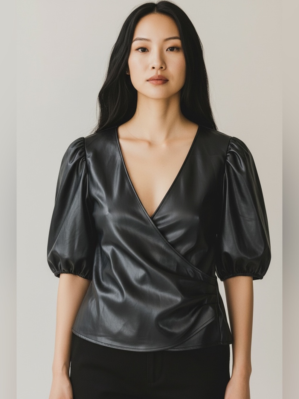 Marc New York Vegan Leather Puff Sleeve Black Wrap Women’s Top Sz Large NWT